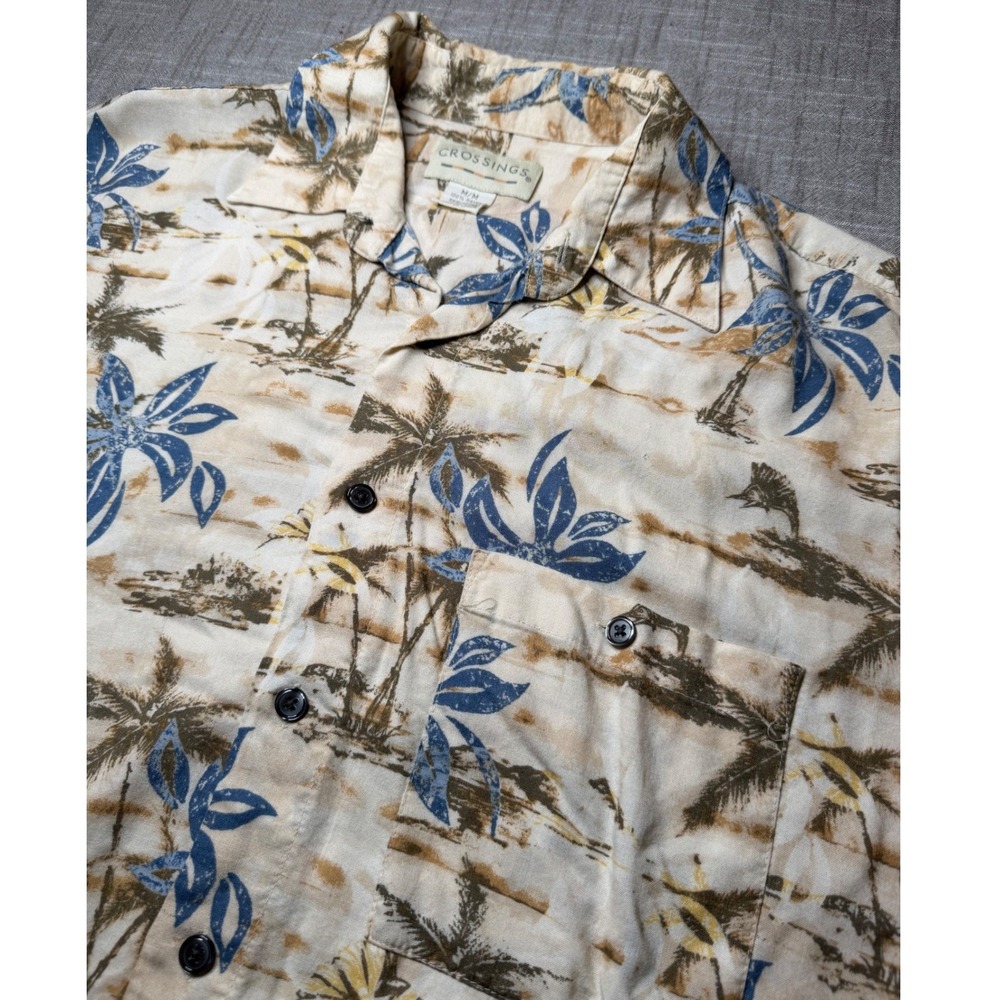 Crossings‎ Mens Rayon Tropical Palm Tree Marlin Hawaiian Camp Shirt Tan Blue M